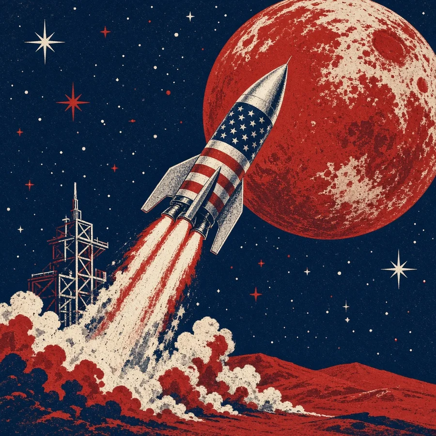 Stars-and-stripes rocket flying to Mars