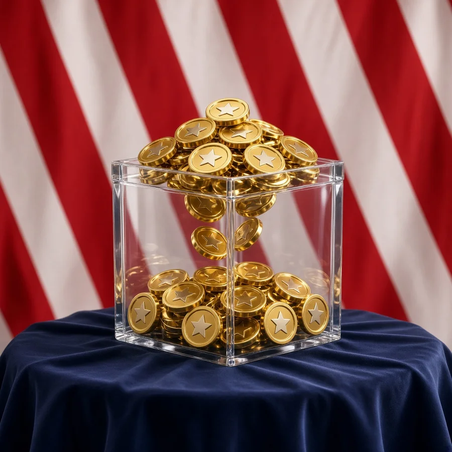 Glass ballot box full of gold star coins